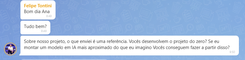 Mensagem do cliente perguntando sobre o desenvolvimento de um modelo a partir de uma referência